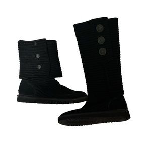 UGG Women’s Black Classic Cardy Knit 3 Button Knee High Fold Over Boots Size 8